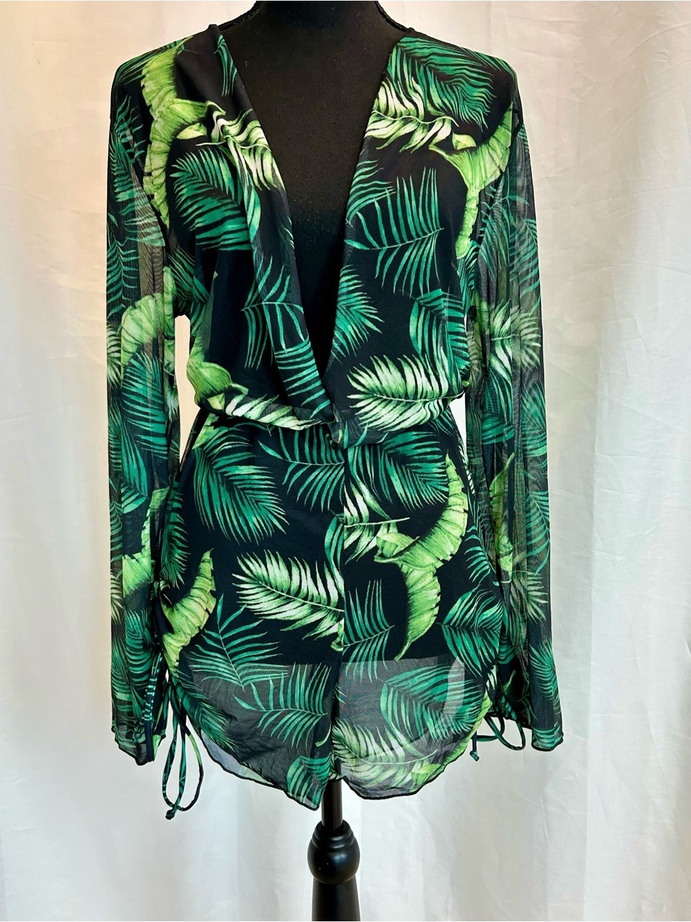 Tropical Palm Leaf Sheer deep plunge Romper Cover-Up Long Sleeve Black Green M - Picture 5 of 16